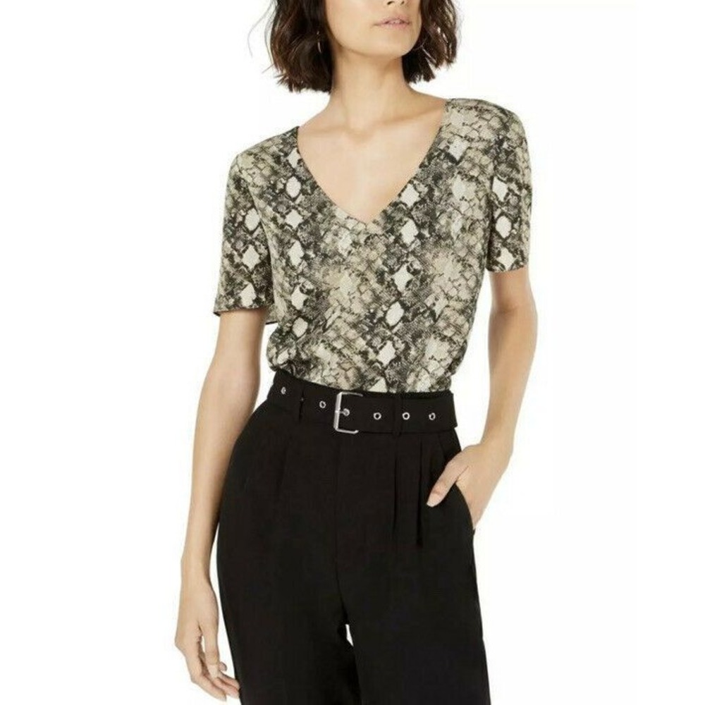 Leyden Womens Green Snake Print V-Neck Shirt Pullover Top Blouse XS NWT